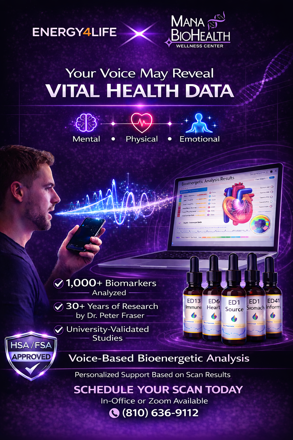 E4L Bioenergetics voice scan software showing biomarker analysis dashboard