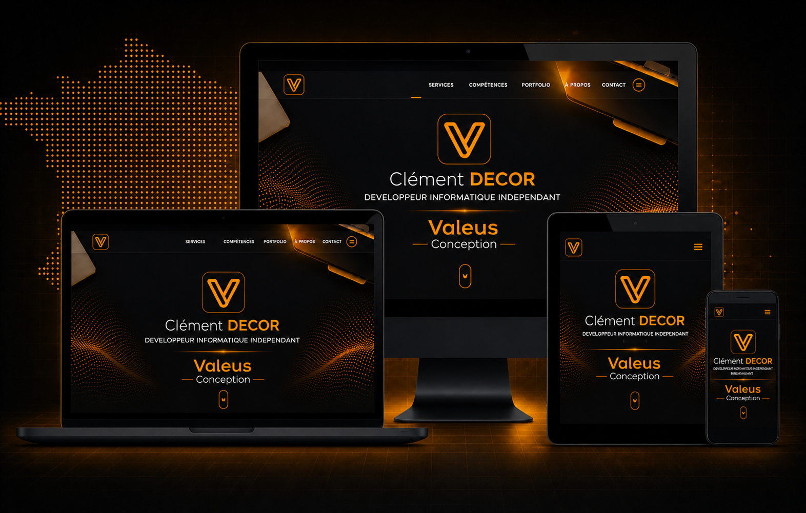 Arrière-plan technique décoratif du site Valéus Conception — créateur de site internet freelance en France