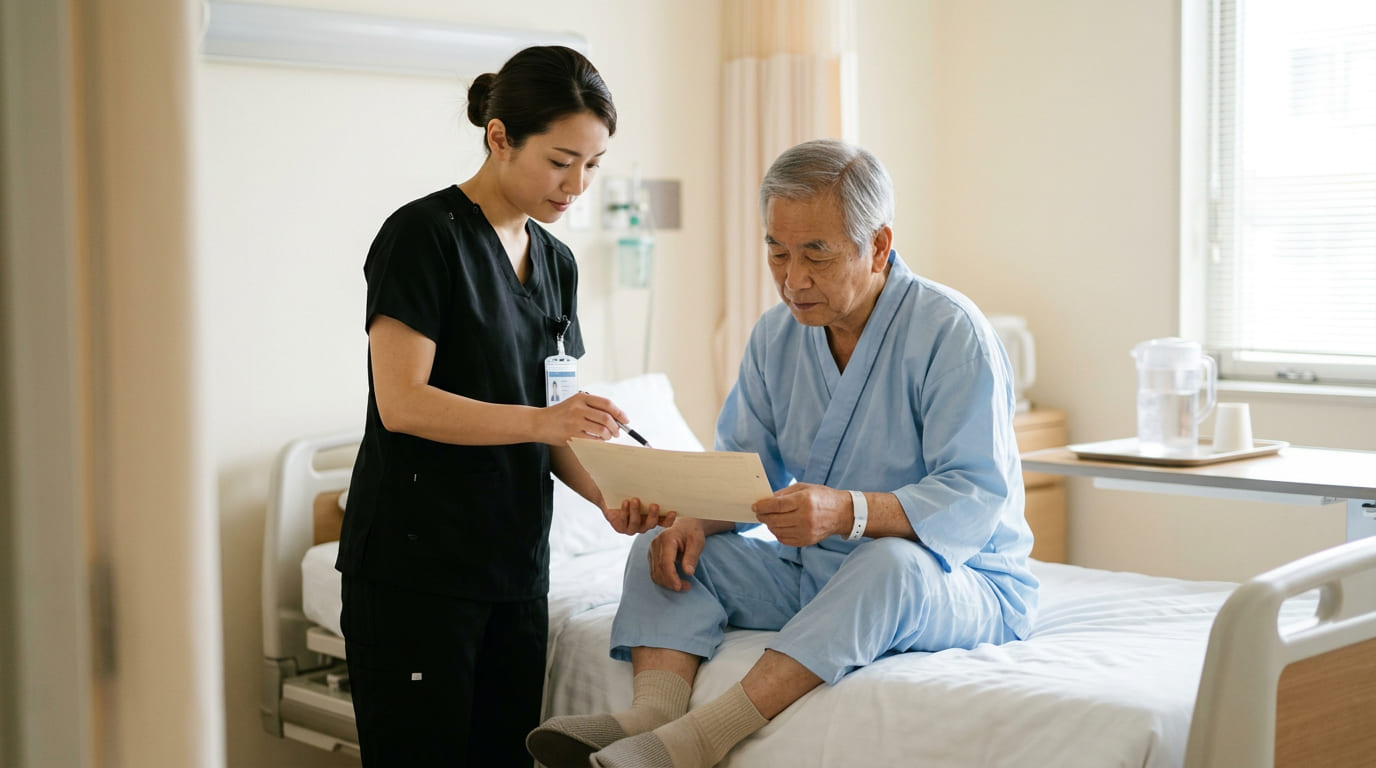 Registered nurse conducting a post-discharge home visit with a patient